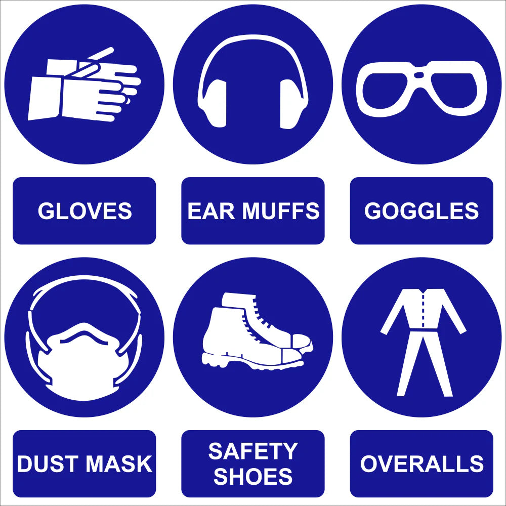 Mandatory PPE Safety Sign with Labels – Gloves, Hearing Protection, Goggles, Dust Mask, Safety Shoes & Overalls (M100)