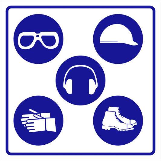 Mandatory PPE Safety Sign – Goggles, Hard Hat, Ear Protection, Gloves & Safety Shoes (M084)